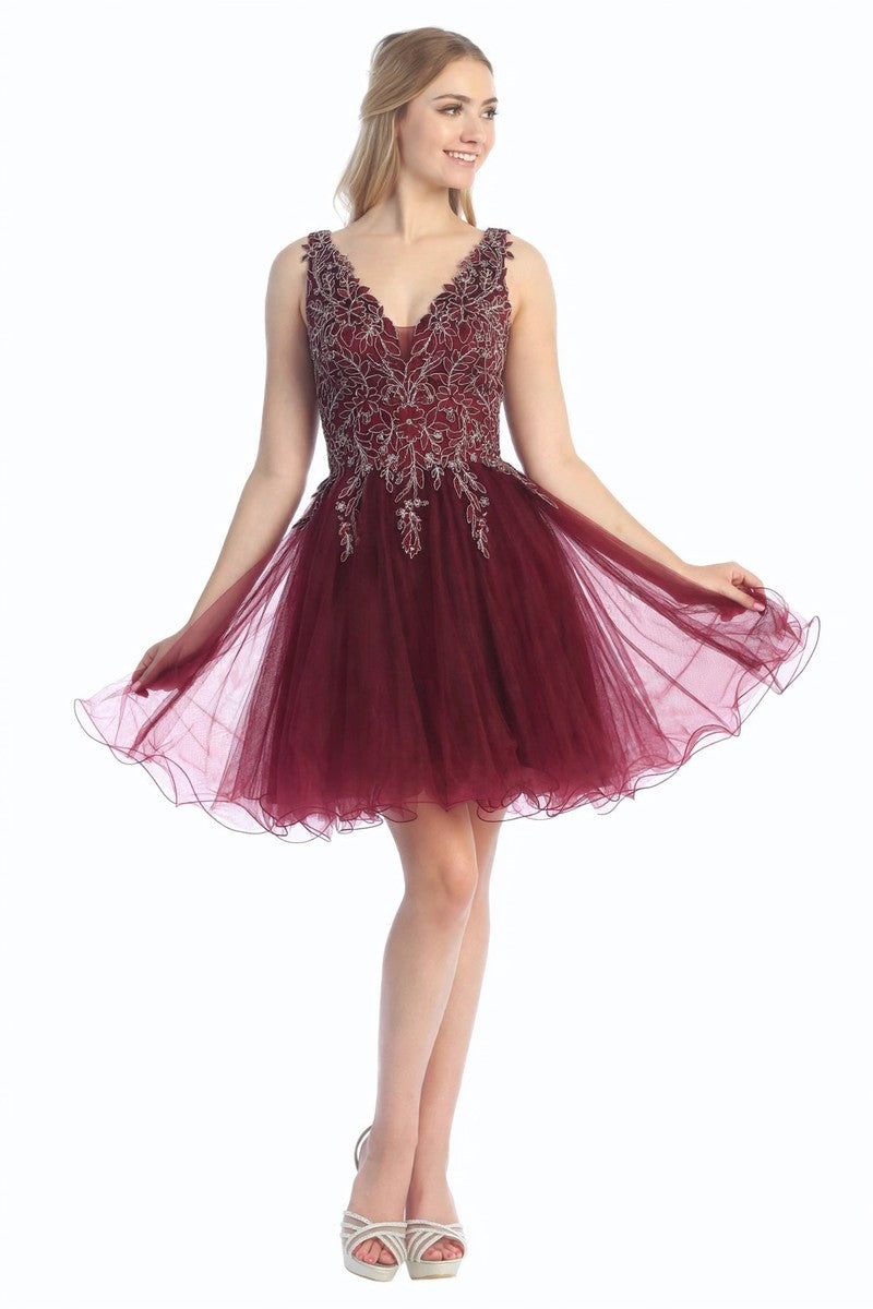 Burgundy sleeveless tulle a-line cocktail dress, front view