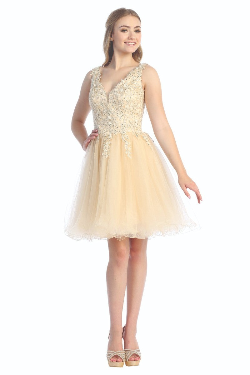 Champagne sleeveless tulle a-line cocktail dress, front view