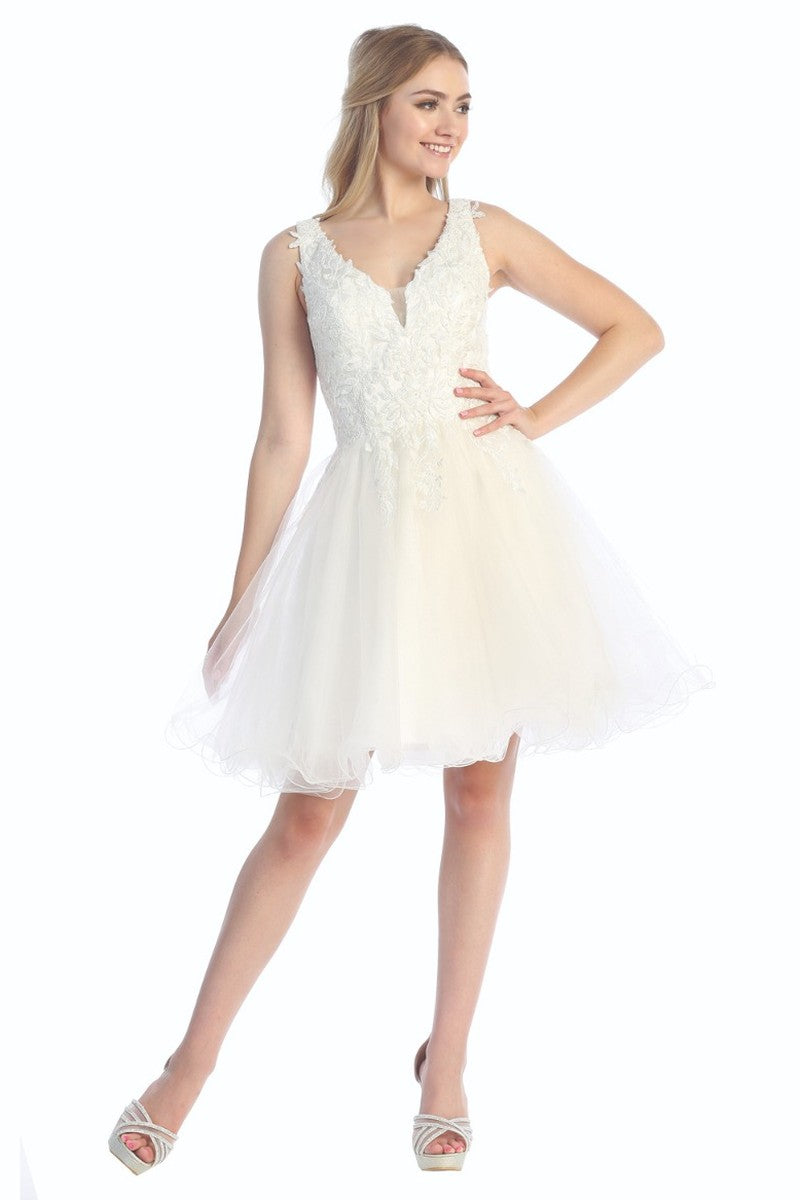 Off White sleeveless tulle a-line cocktail dress, front view