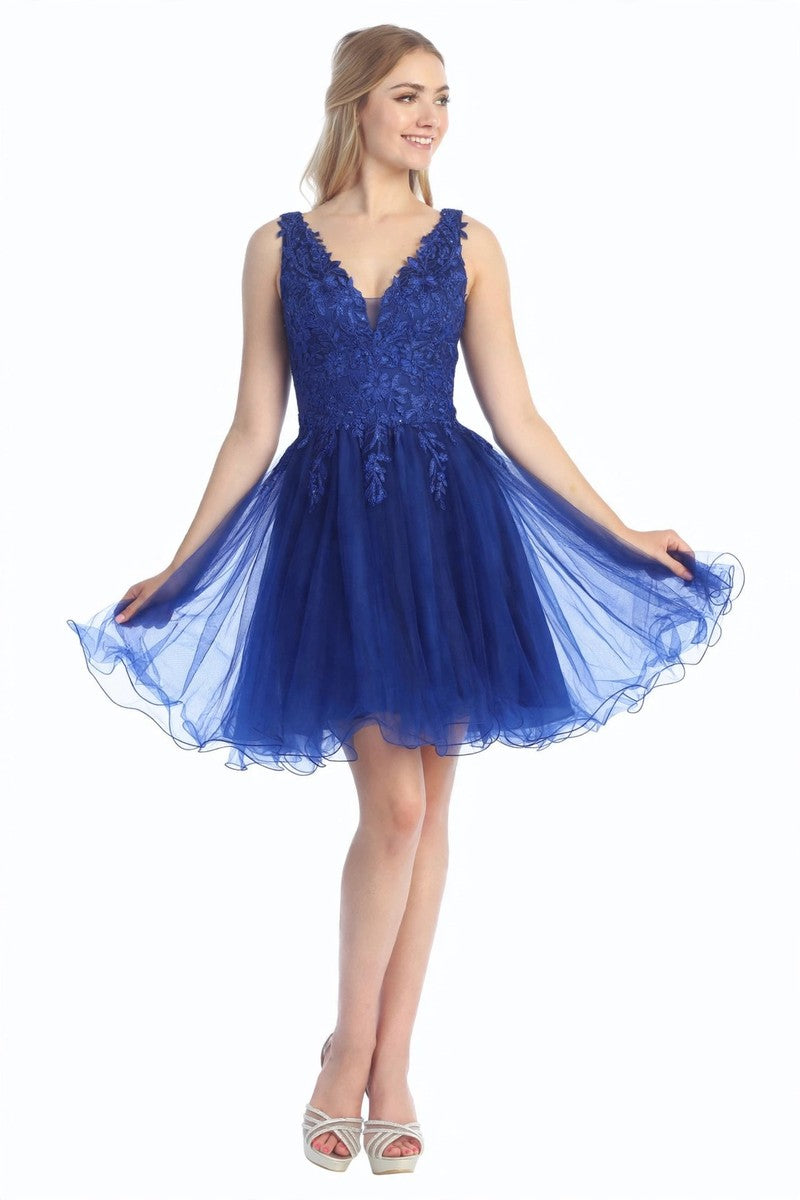 Royal Blue sleeveless tulle a-line cocktail dress, front view