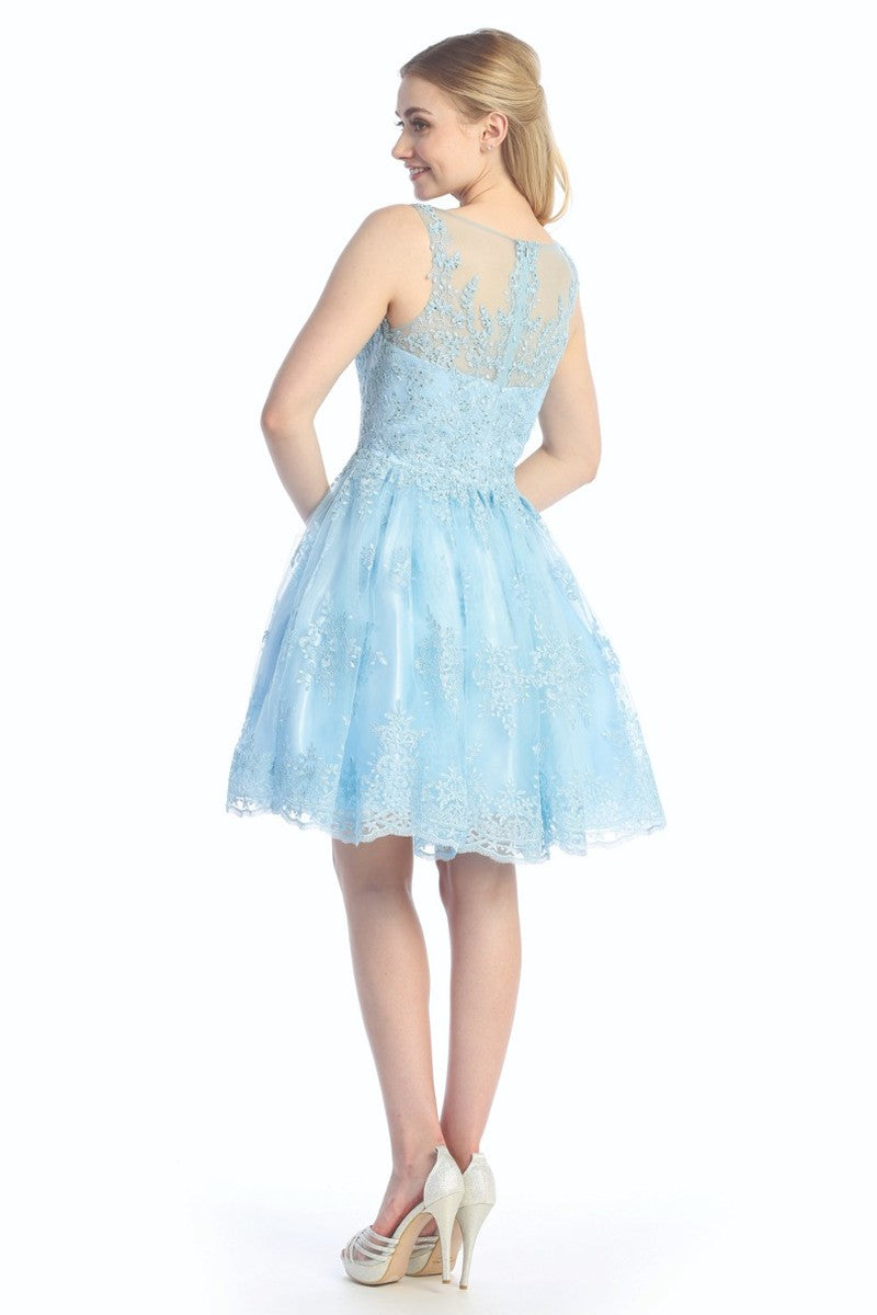 Baby Blue sleeveless tulle a-line cocktail dress, back view