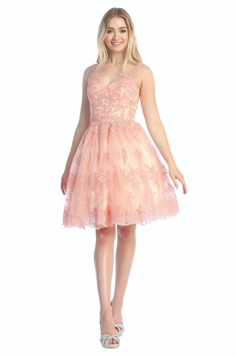 Blush sleeveless tulle a-line cocktail dress, front view