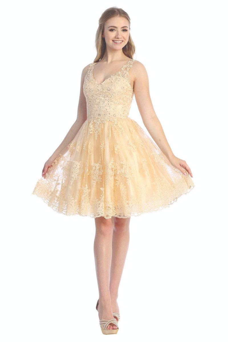 Champagne sleeveless tulle a-line cocktail dress, front view