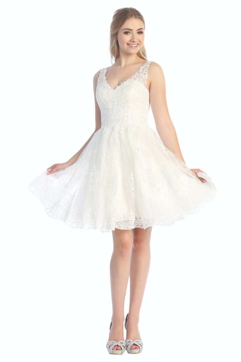 Off White sleeveless tulle a-line cocktail dress, front view