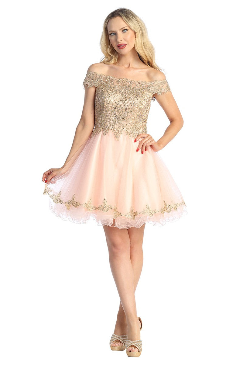 Blush off shoulder tulle a-line cocktail dress, front view