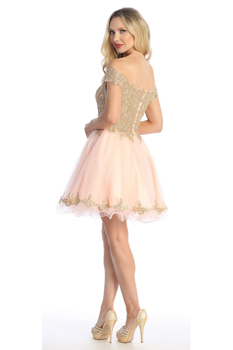 Blush off shoulder tulle a-line cocktail dress, back view