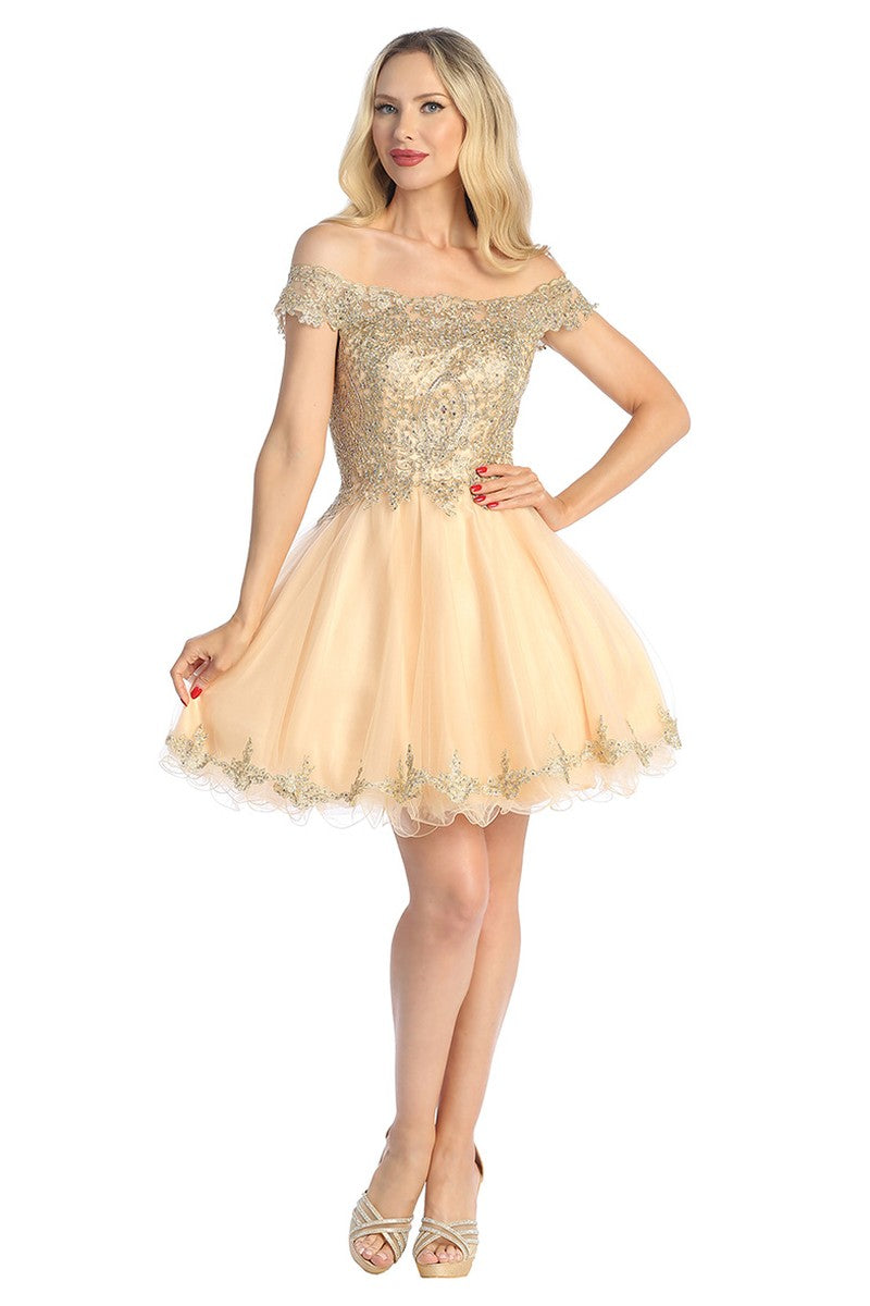 Champagne off shoulder tulle a-line cocktail dress, front view
