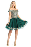Green off shoulder tulle a-line cocktail dress, front view