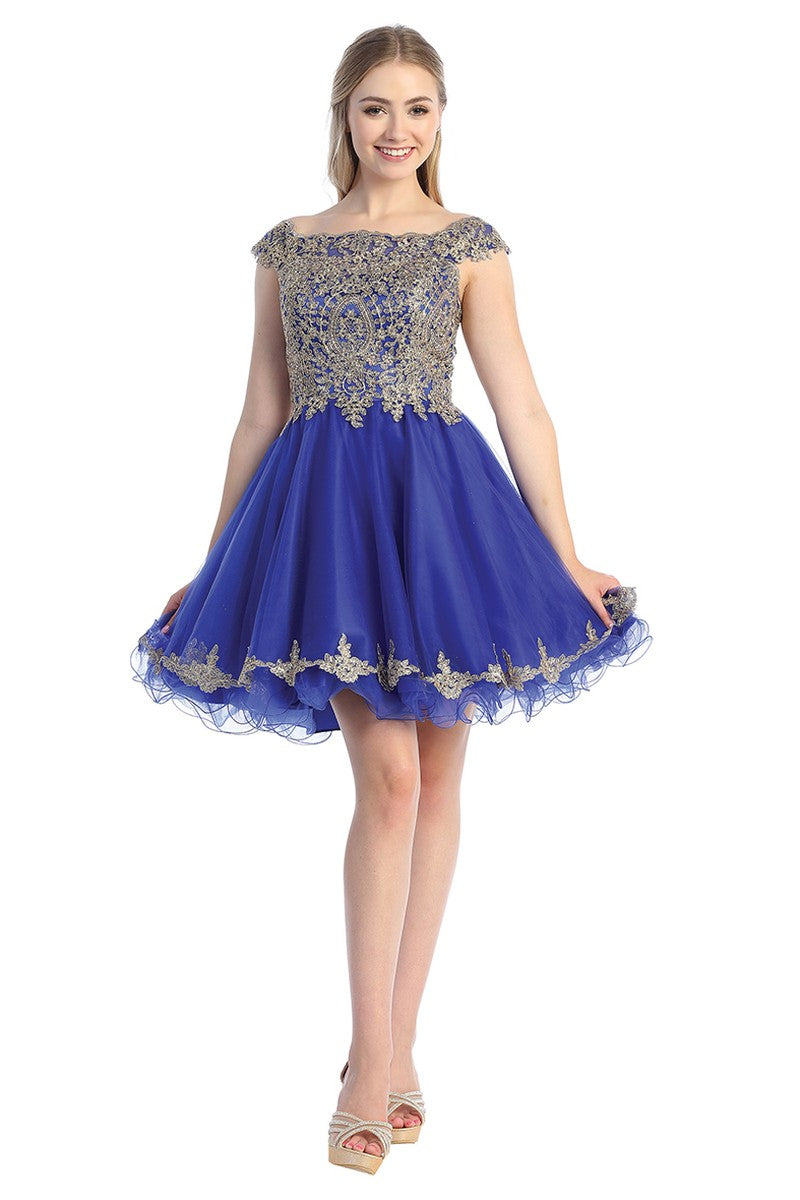 Royal Blue off shoulder tulle a-line cocktail dress, front view