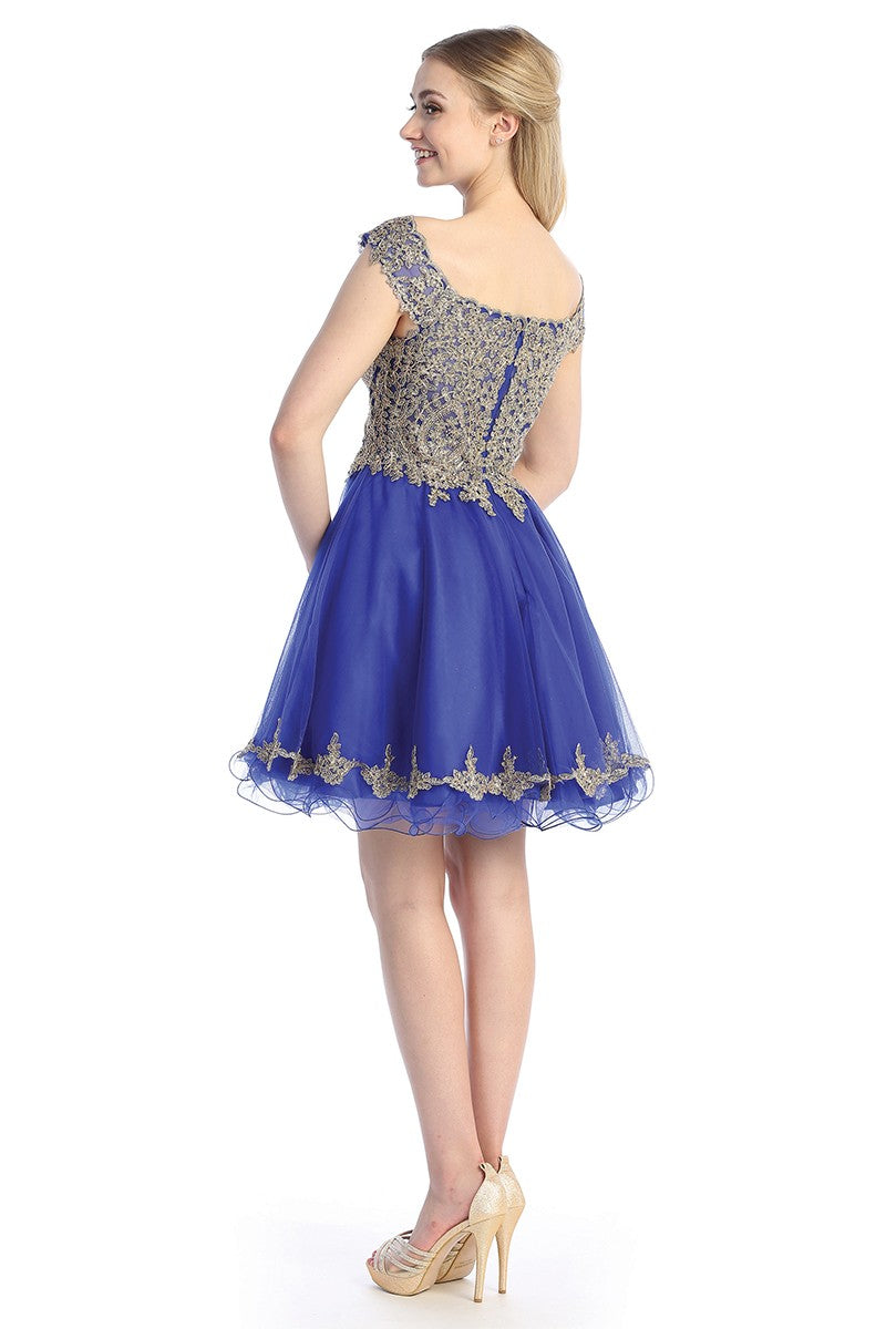 Royal Blue off shoulder tulle a-line cocktail dress, back view