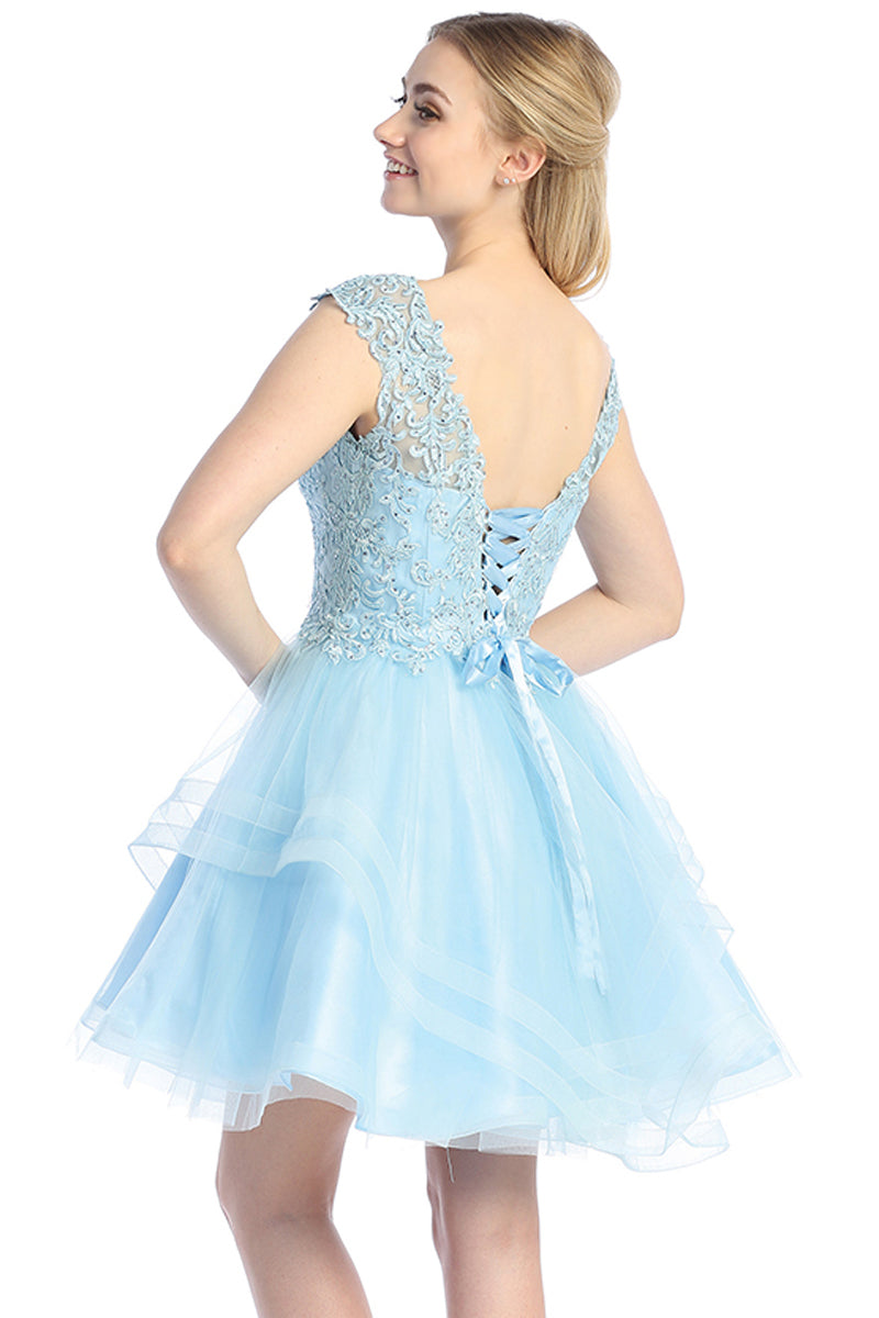 Cap Sleeve Beaded Bodice Tulle A-Line Cocktail Dress | 196-259