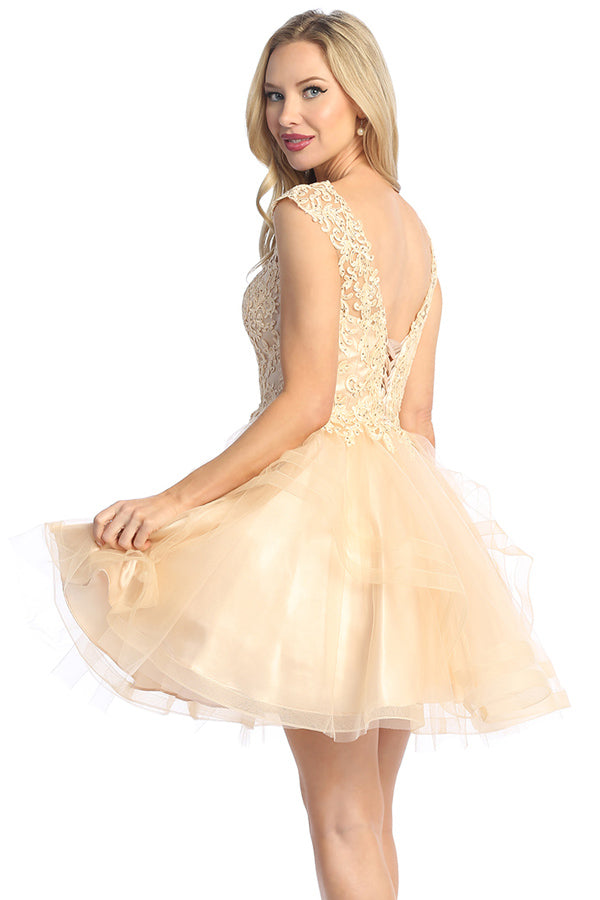 Cap Sleeve Beaded Bodice Tulle A-Line Cocktail Dress | 196-259