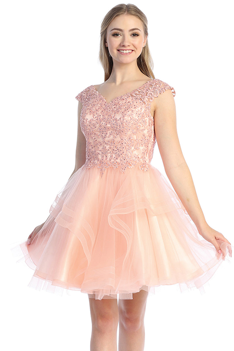 Cap Sleeve Beaded Bodice Tulle A-Line Cocktail Dress | 196-259