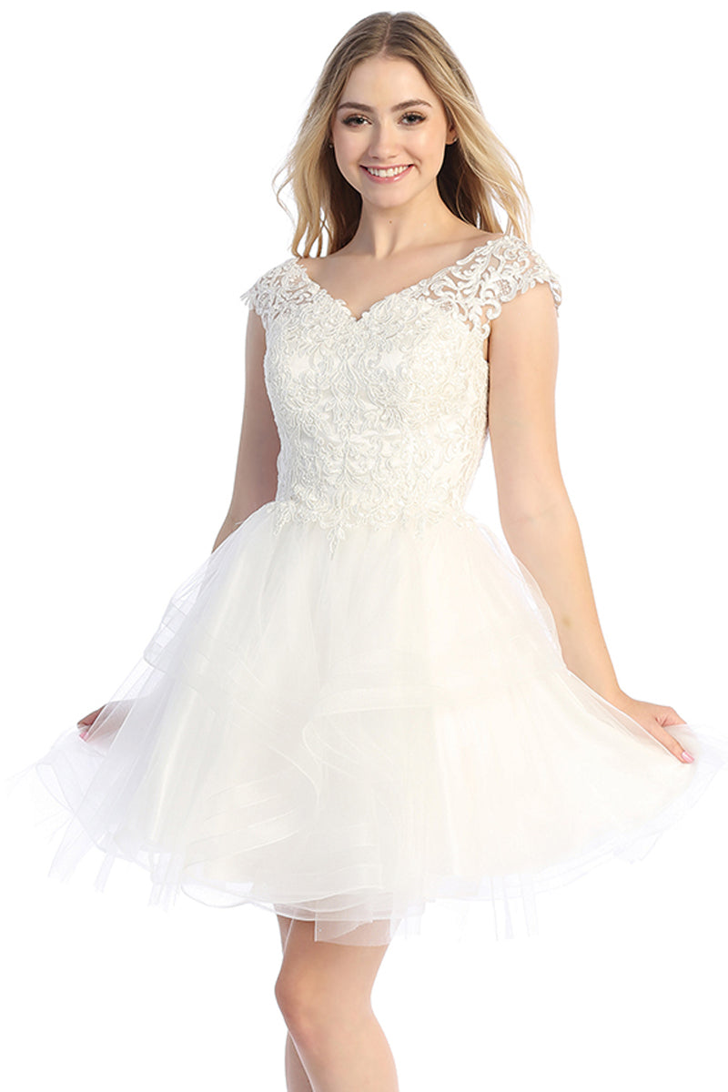 Cap Sleeve Beaded Bodice Tulle A-Line Cocktail Dress | 196-259