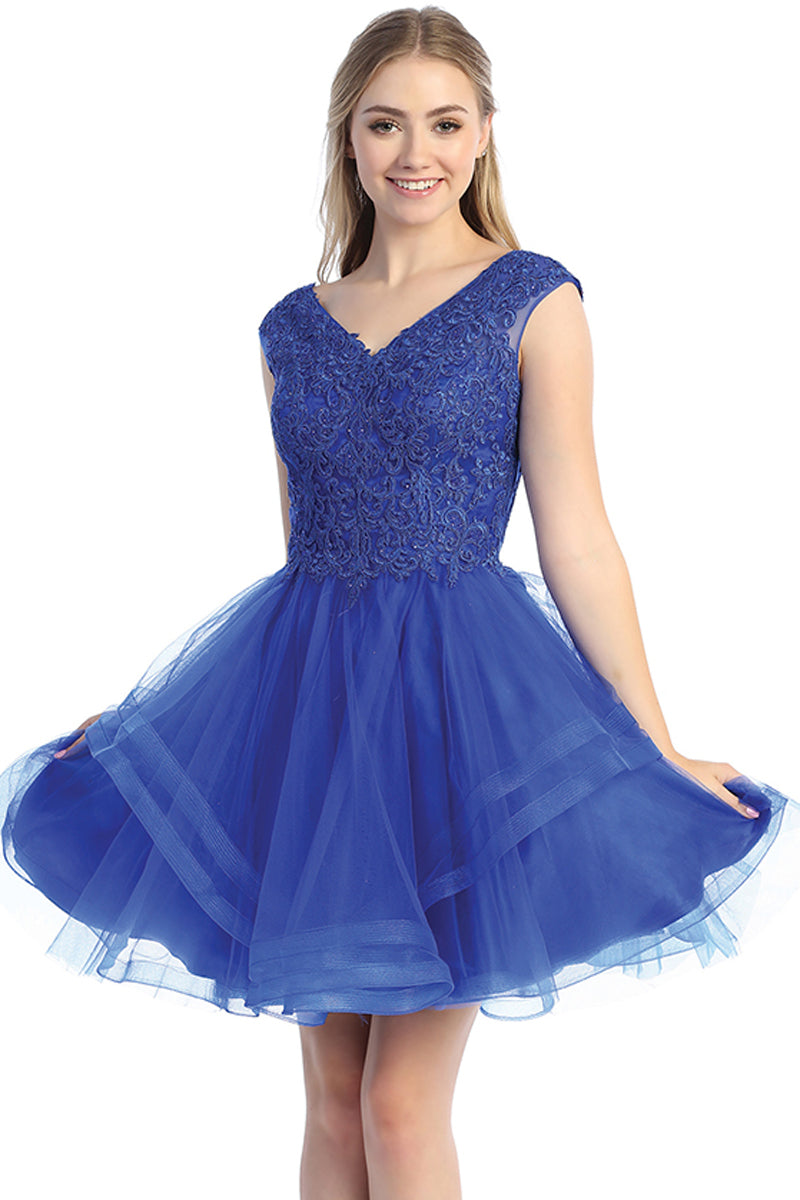 Cap Sleeve Beaded Bodice Tulle A-Line Cocktail Dress | 196-259