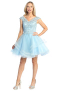 Baby Blue cap sleeve beaded bodice tulle a-line cocktail dress, front view