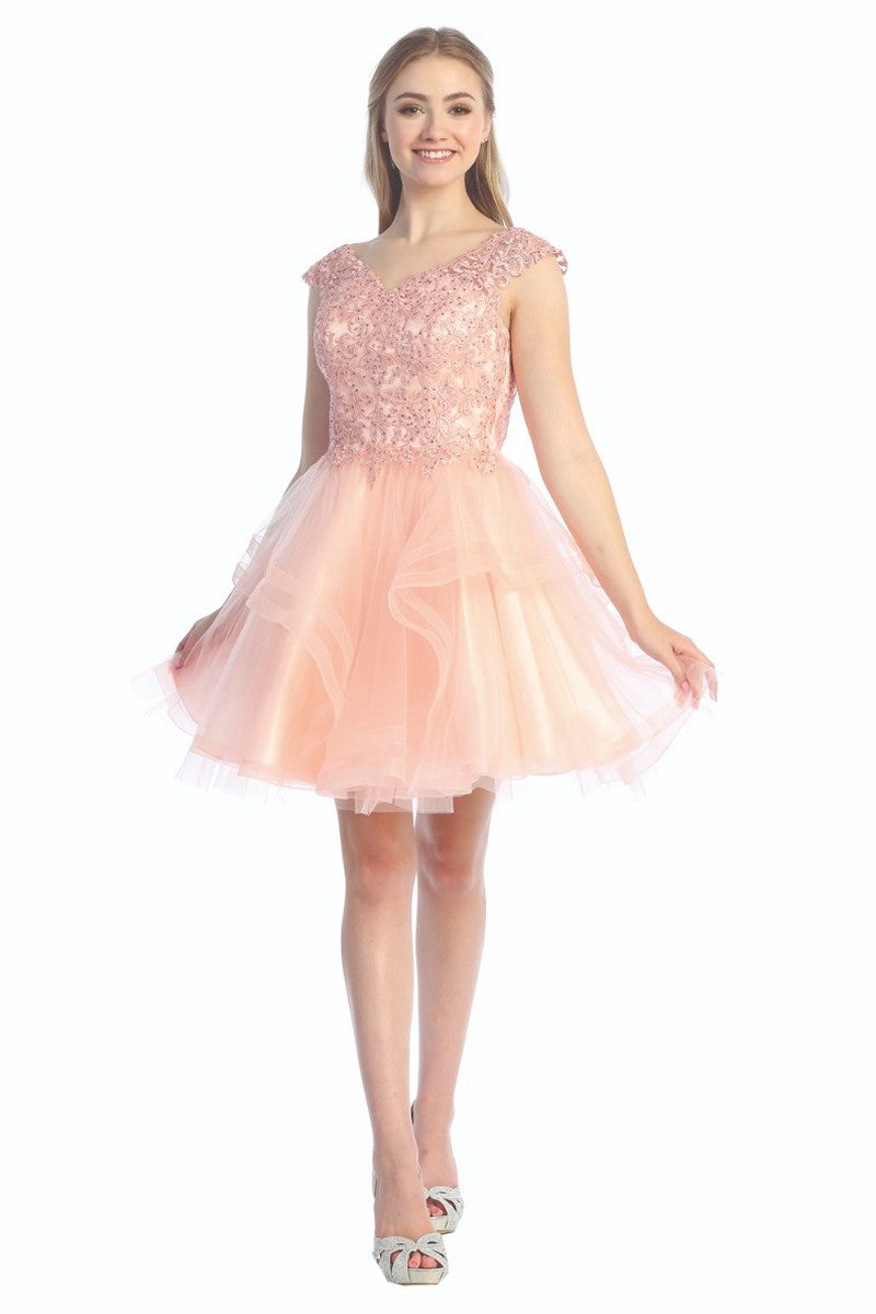 Blush cap sleeve beaded bodice tulle a-line cocktail dress, front view