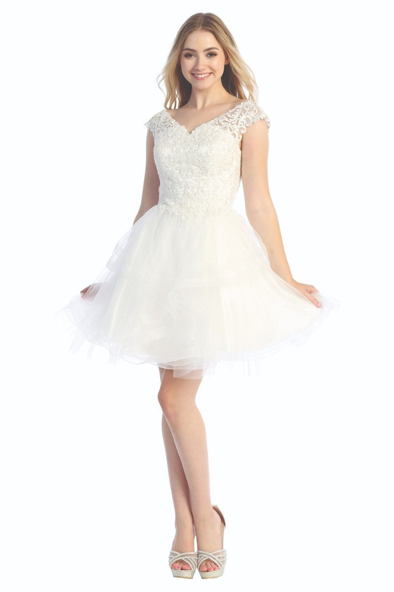 Off White cap sleeve beaded bodice tulle a-line cocktail dress, front view