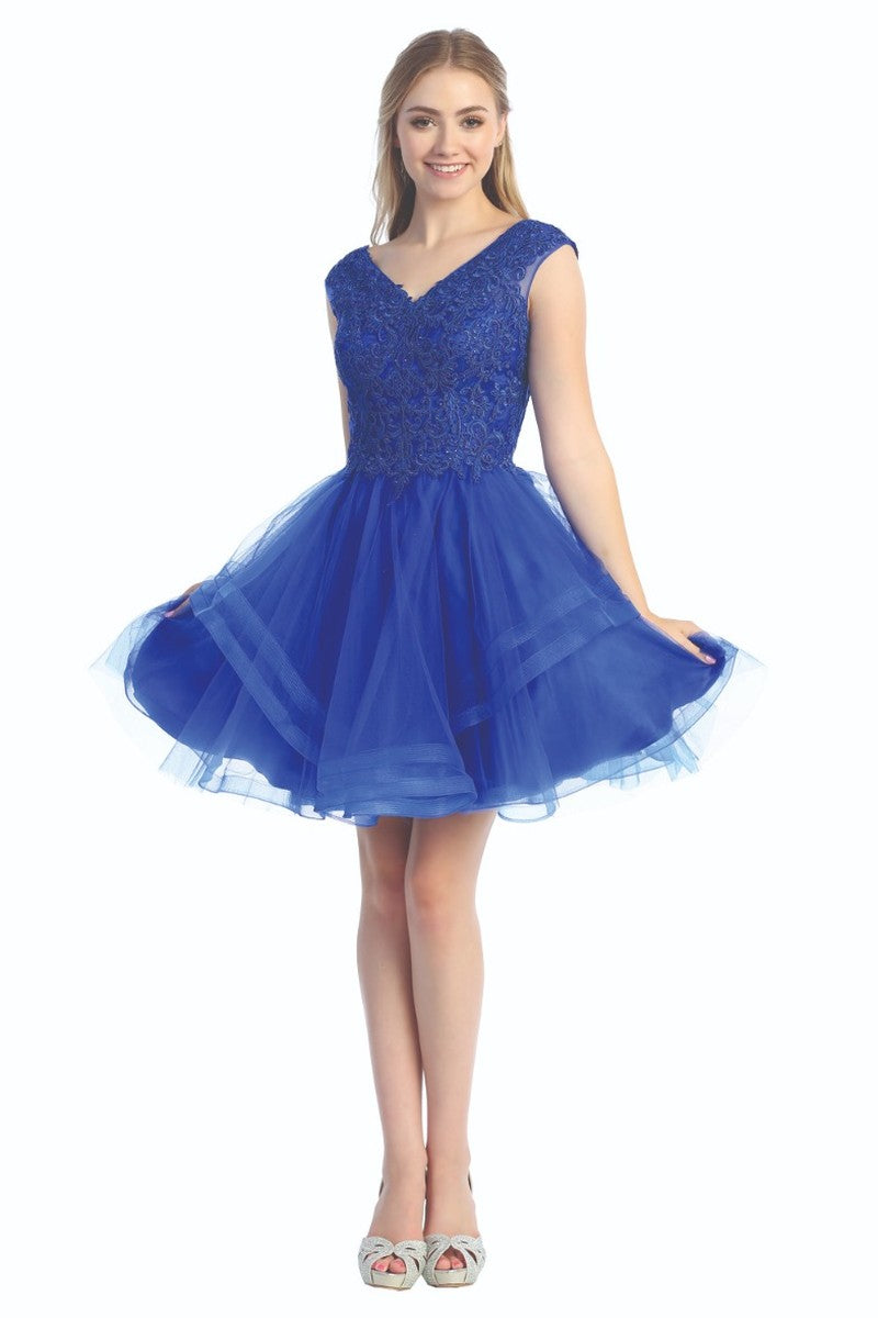 Royal Blue cap sleeve beaded bodice tulle a-line cocktail dress, front view