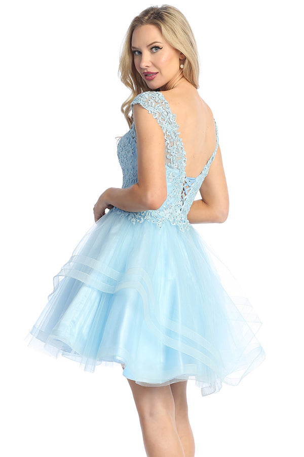 Cap Sleeve Beaded Bodice Tulle A-Line Cocktail Dress | 196-259