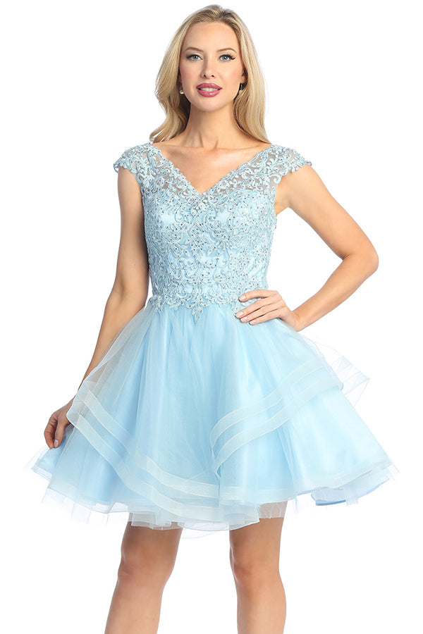 Cap Sleeve Beaded Bodice Tulle A-Line Cocktail Dress | 196-259