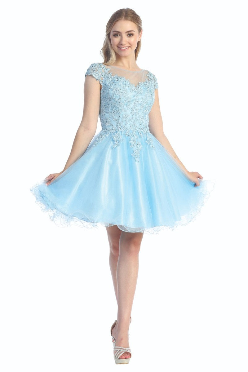 Baby Blue cap sleeve tulle a-line cocktail dress, front view