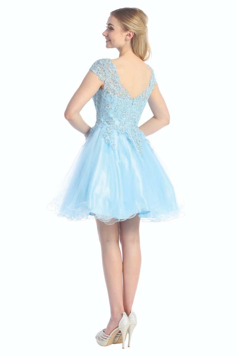 Baby Blue cap sleeve tulle a-line cocktail dress, back view