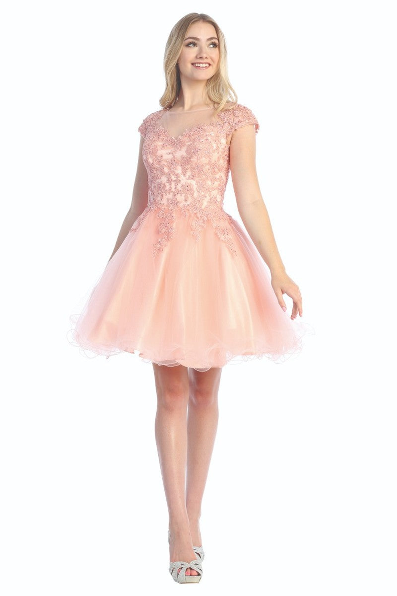 Blush cap sleeve tulle a-line cocktail dress, front view