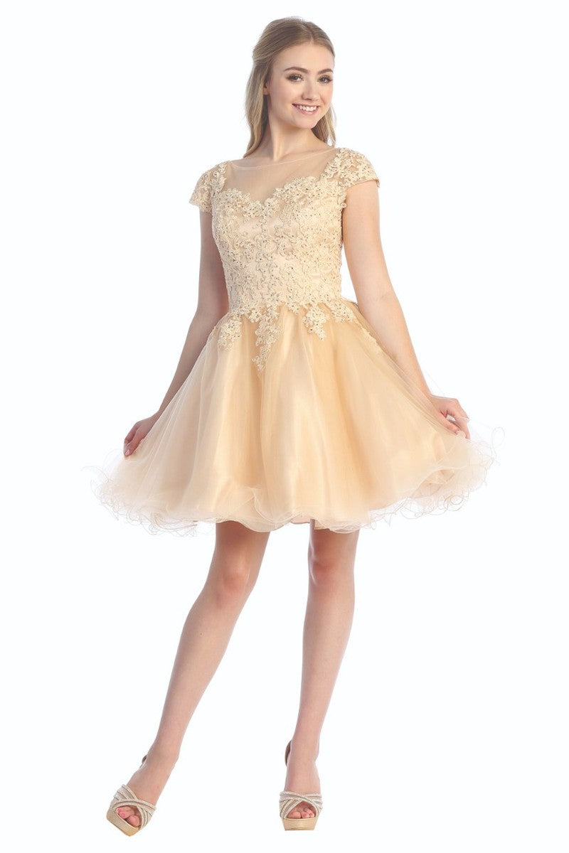 Champagne cap sleeve tulle a-line cocktail dress, front view