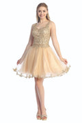 Champagne sleeveless tulle a-line cocktail dress, front view
