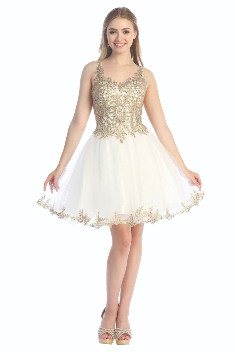 Off White sleeveless tulle a-line cocktail dress, front view