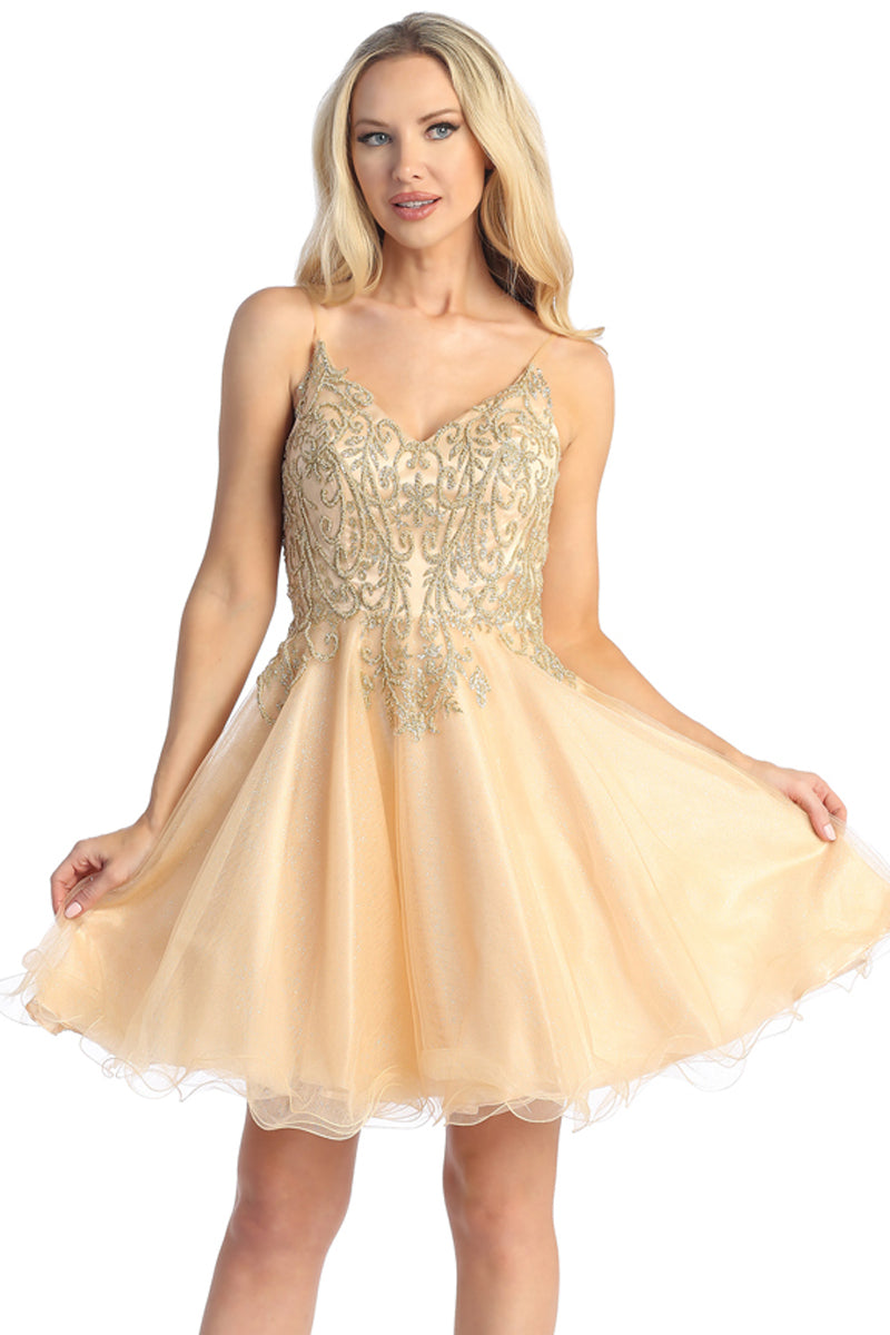 V Neck Embellished Tulle A-Line Cocktail Dress | 196-266