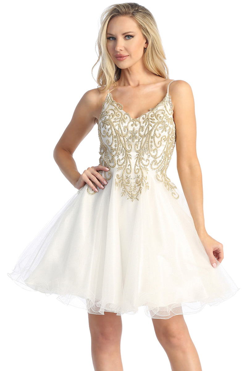 V Neck Embellished Tulle A-Line Cocktail Dress | 196-266