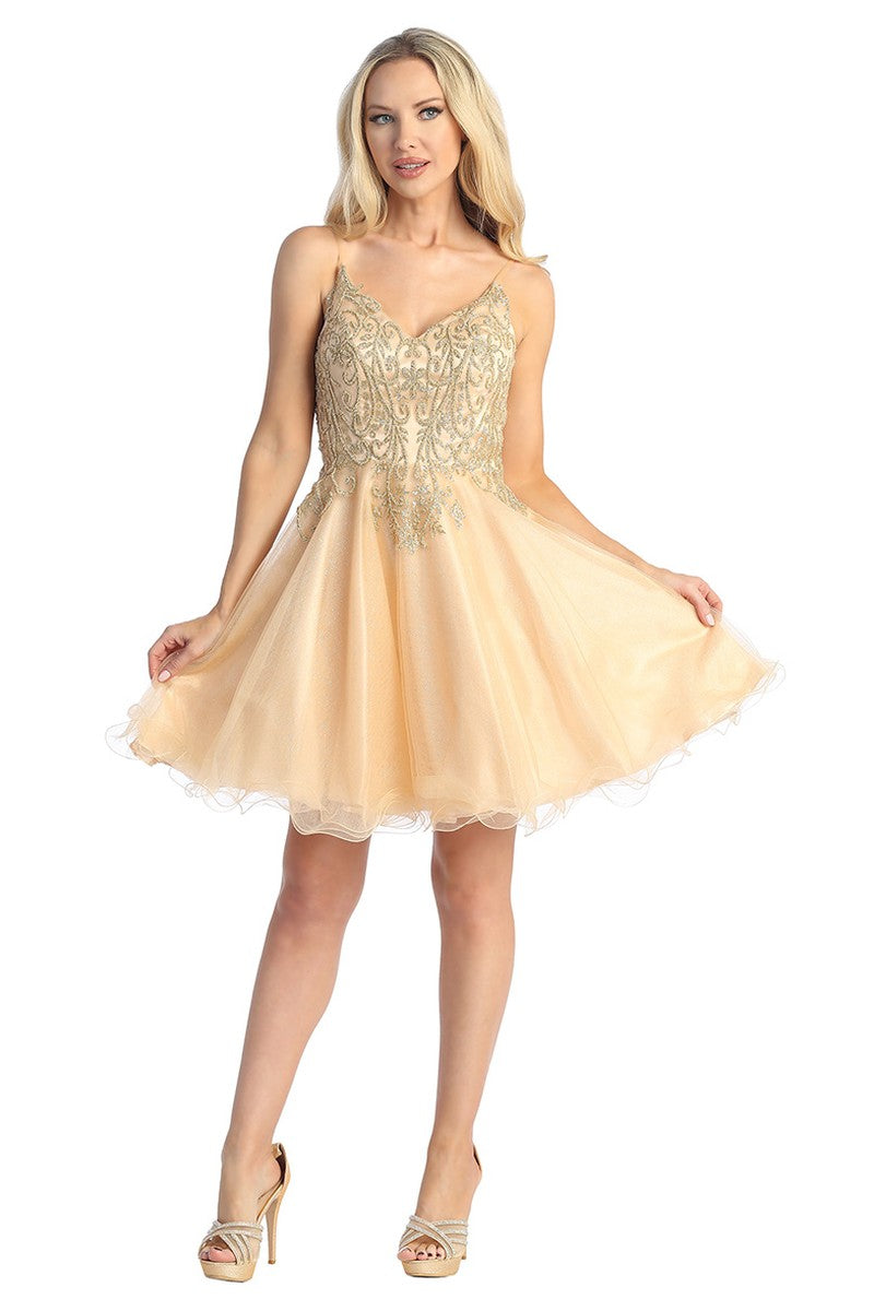 Champagne v neck embellished tulle a-line cocktail dress, front view
