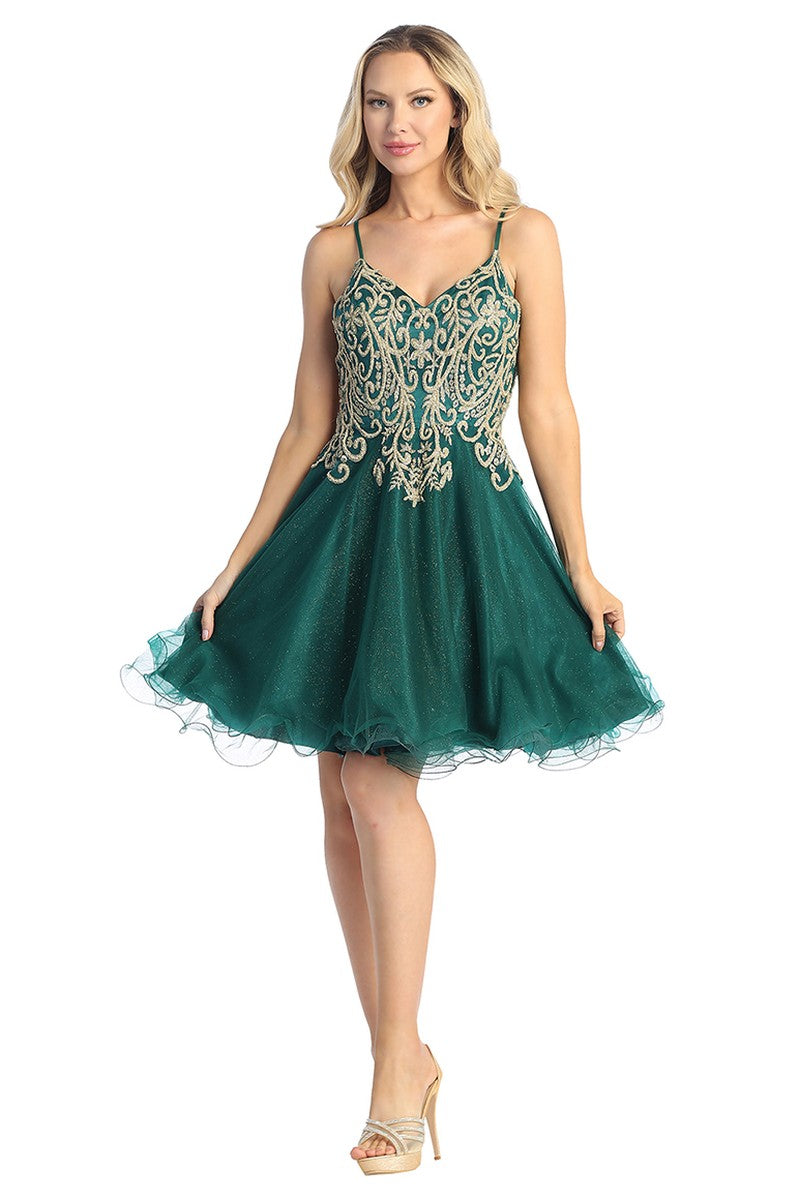 Green v neck embellished tulle a-line cocktail dress, front view