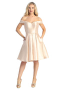 Champagne off shoulder satin a-line cocktail dress, front view