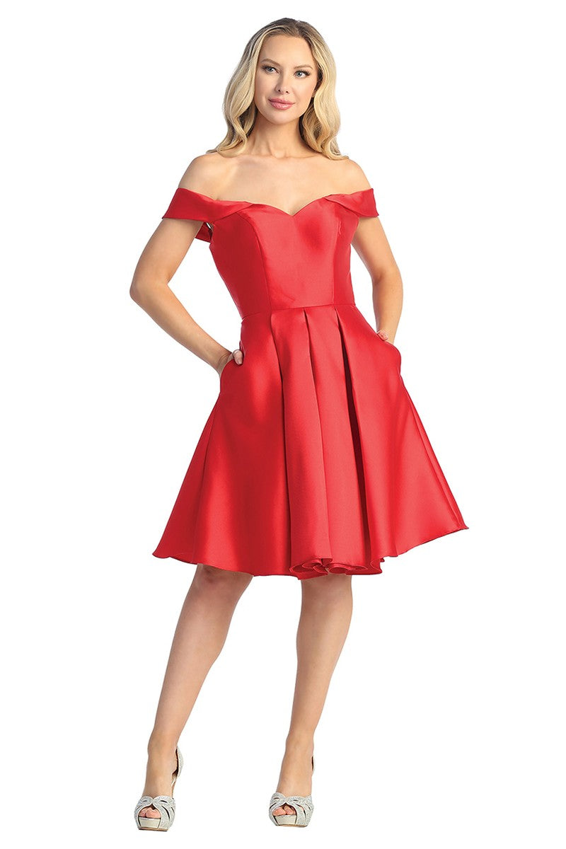 Red off shoulder satin a-line cocktail dress, front view