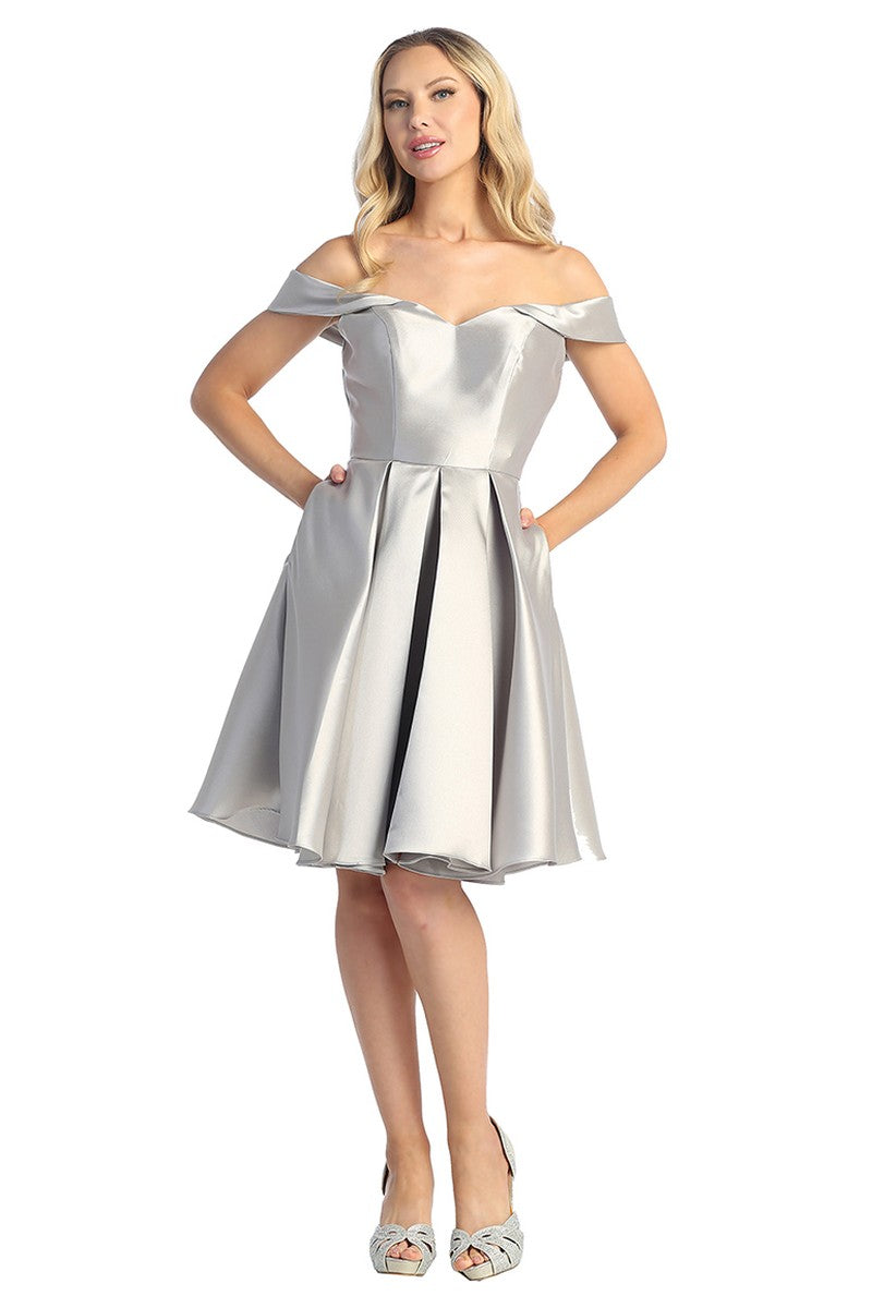 Silver off shoulder satin a-line cocktail dress, front view