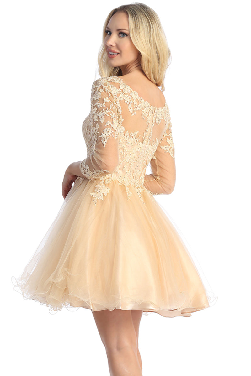 Three-Quarter Sleeve Tulle A-Line Cocktail Dress | 196-272