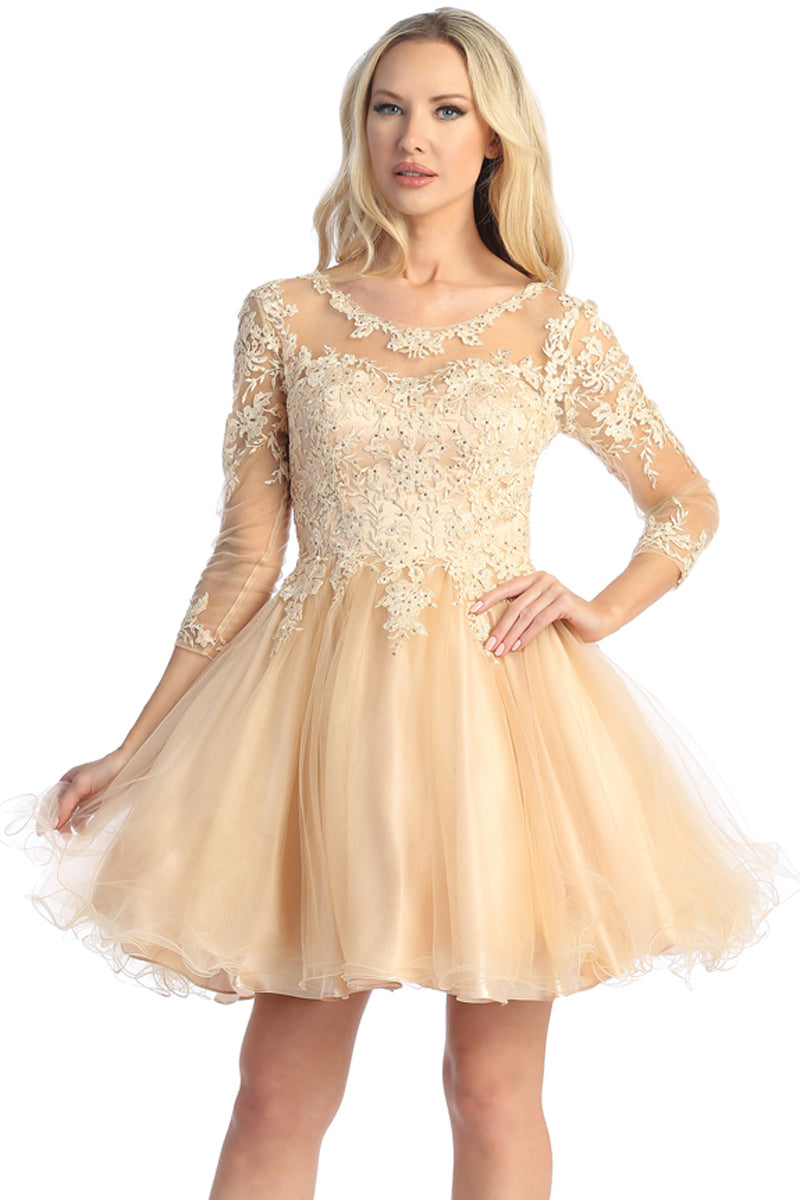 Three-Quarter Sleeve Tulle A-Line Cocktail Dress | 196-272