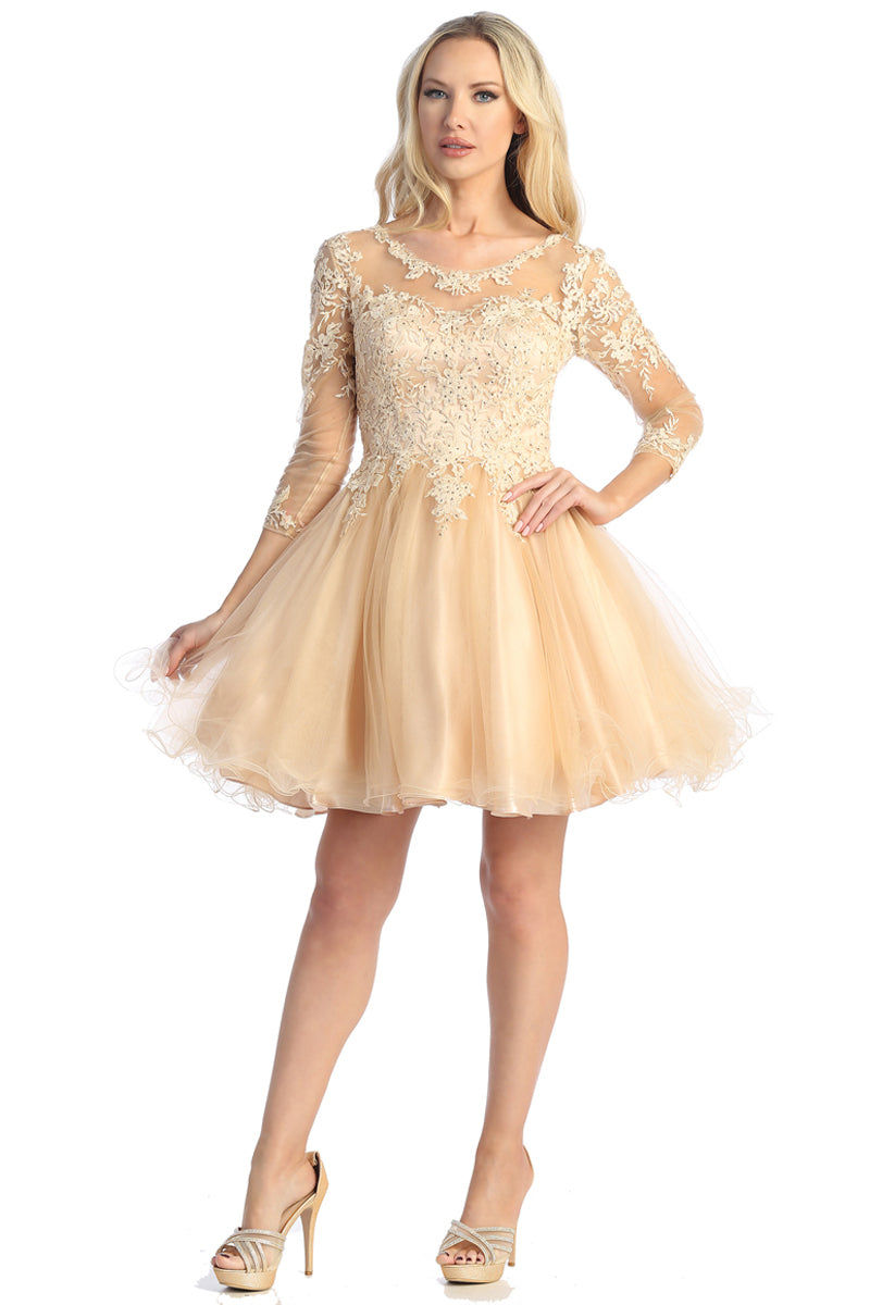 Three-Quarter Sleeve Tulle A-Line Cocktail Dress | 196-272
