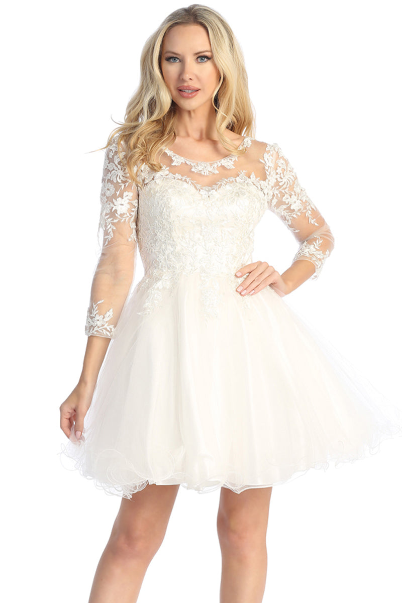 Three-Quarter Sleeve Tulle A-Line Cocktail Dress | 196-272