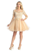 Champagne three-quarter sleeve tulle a-line cocktail dress, front view