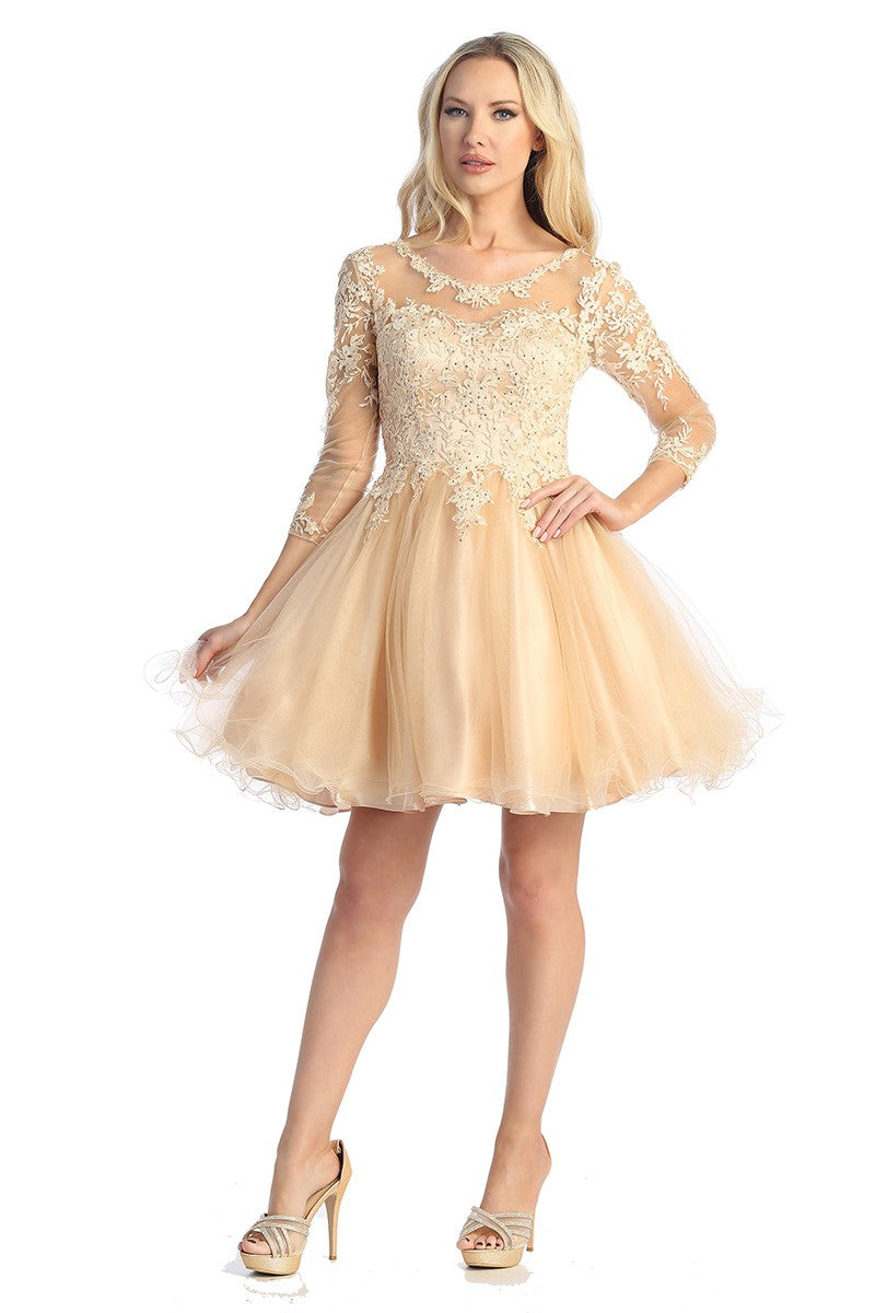Champagne three-quarter sleeve tulle a-line cocktail dress, front view