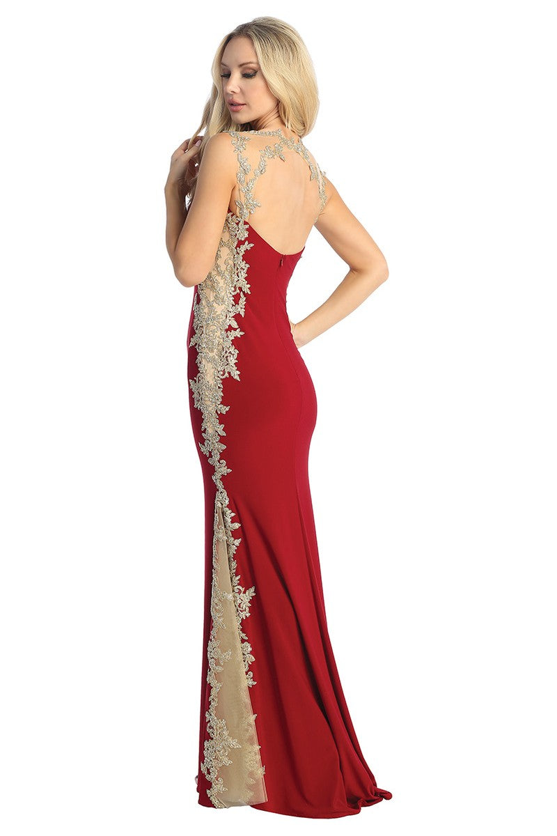 Burgundy sweetheart mermaid prom gown, back view
