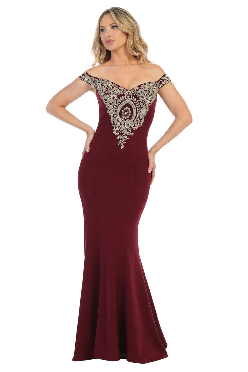 Burgundy off shoulder embroidered mermaid prom gown, front view