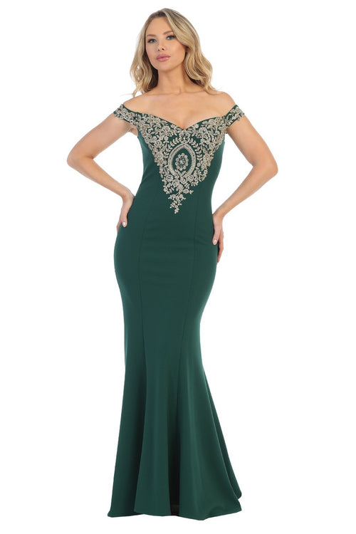 Green off shoulder embroidered mermaid prom gown, front view