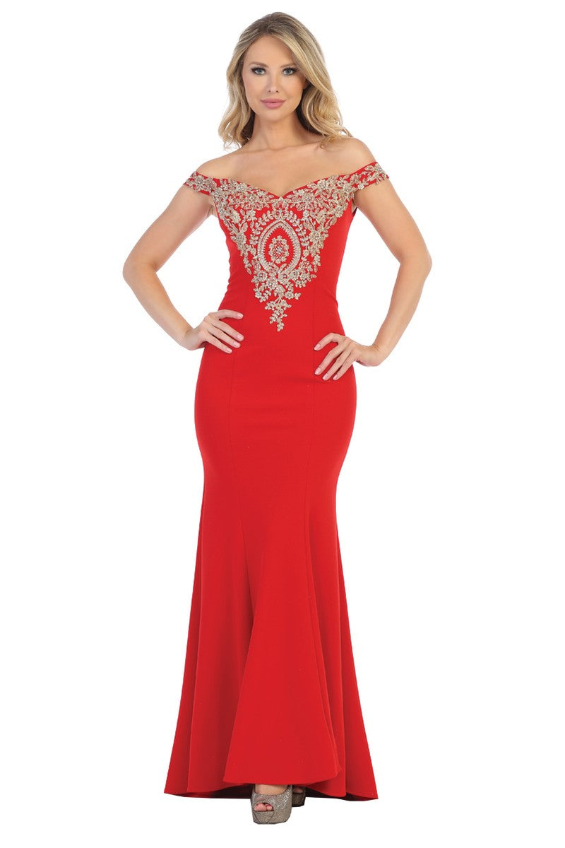Red off shoulder embroidered mermaid prom gown, front view