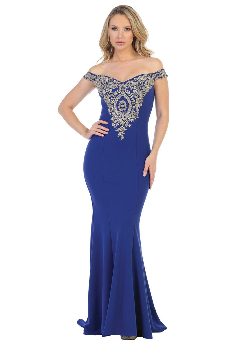 Royal Blue off shoulder embroidered mermaid prom gown, front view