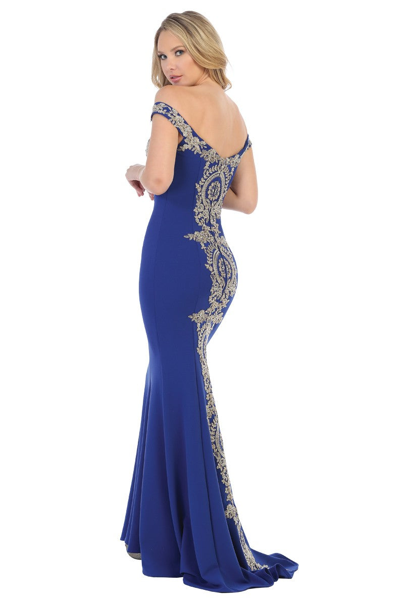 Royal Blue off shoulder embroidered mermaid prom gown, back view